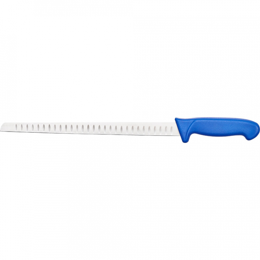 Lachsmesser Premium HACCP, Griff blau, Edelstahlklinge mit Kullenschliff 31 cm